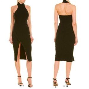 Ronny Kobo Mardelle Asymmetrical High Leg Slit Halter Black Ribbed Midi dress